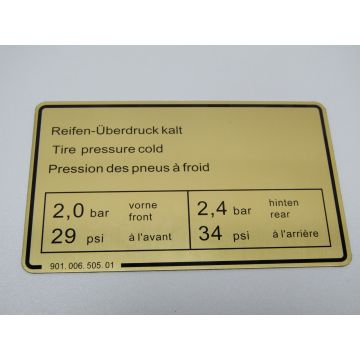 Etiquette adhesive, pression de gonflage pour Porsche 911 '74-'83