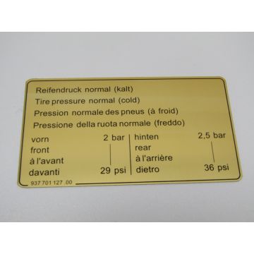 Etiquette adhesive, pression de gonflage pour Porsche 911 '84-'89