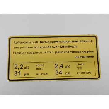 Etiquette adhesive pression de gonflage, 200Km/h pour Porsche 911S/E/T '67-'71 912