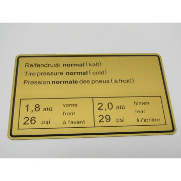 Etiquette adhesive, pression de gonflage pour Porsche 911 '63-'72