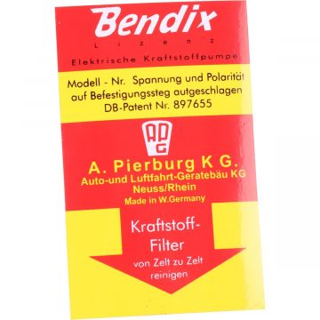 Autocollant "Bendix" pour pompe à carburant pour Porsche 356 A/B/C 911 '65-'73